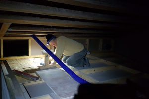 Before continuing, Mike has another bit of bespoke carpentry to do. He makes a stand to fix the three lengths of ducting to where they rise up from the floor.