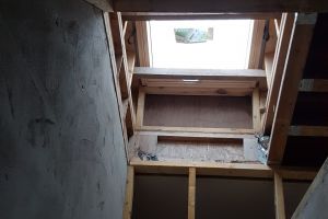 The roof window above the lower stairs. Still waiting to be properly insulated.