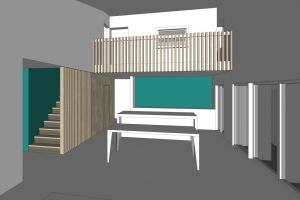 This mock-up produced by the architects gives an idea of how the stairs and mezzanine might look. We like the idea of using a bold colour on the stair wall - and in the kitchen.